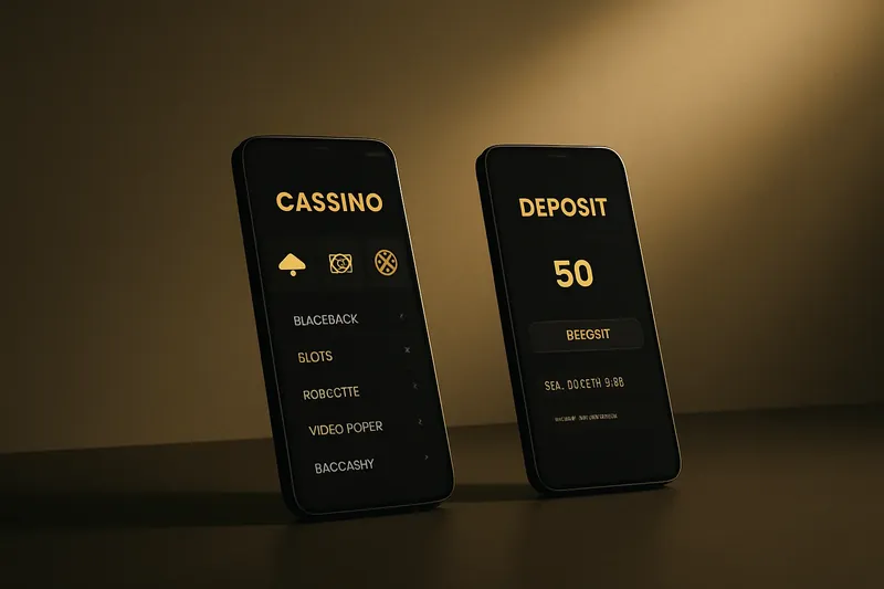 Two smartphones showing dark casino app lobby and deposit screen