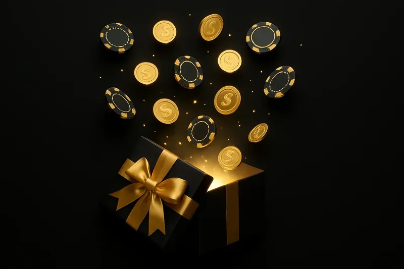 Premium gift box opening with gold light, coins and casino chips
