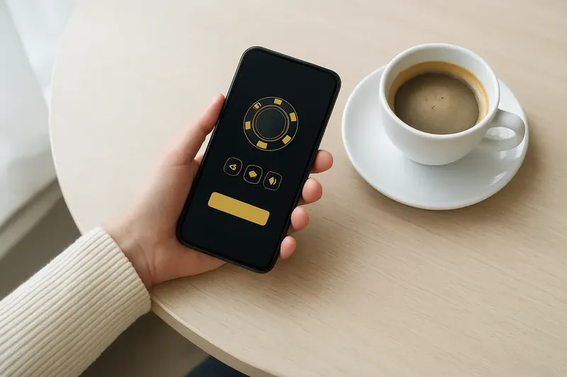Person at cafe table using smartphone with dark casino app