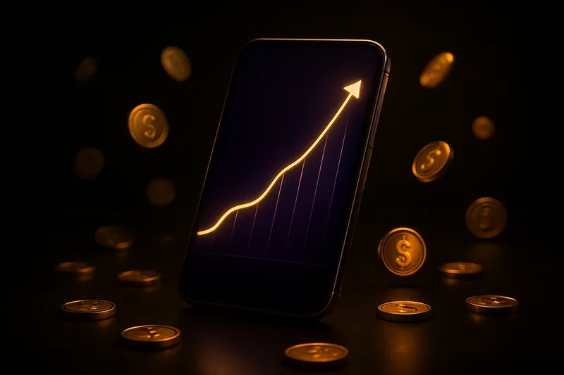 Mobile crash game interface with glowing curve graph and scattered coins