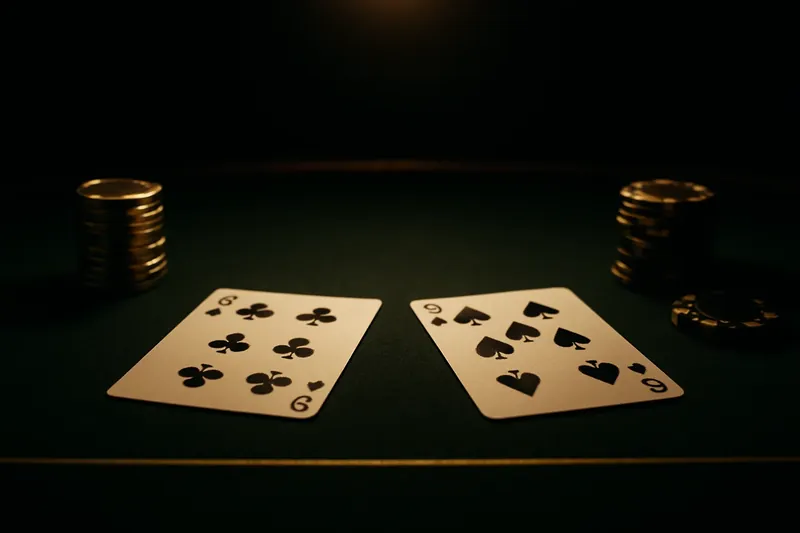 Baccarat Table Close-Up Face-up baccarat cards and chip stacks on green felt table